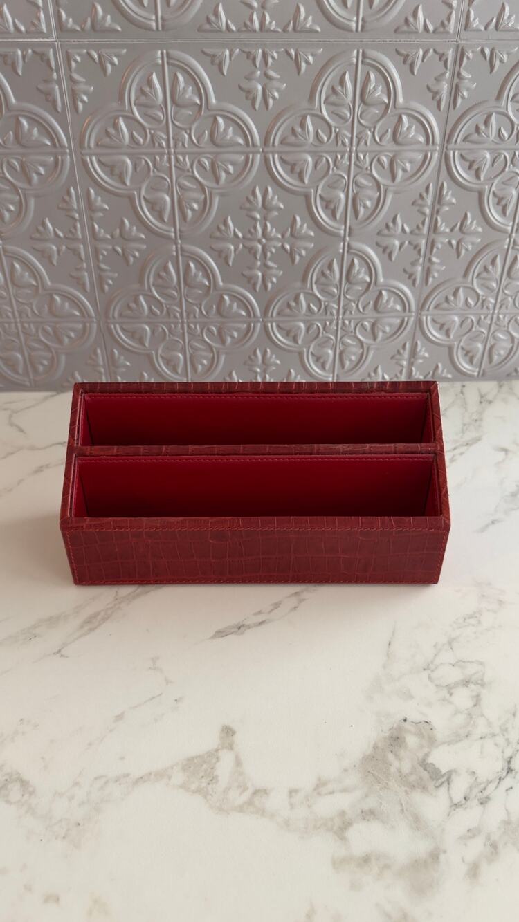 Genuine Leather Red Croc Embossed Desk Organizer Letter Mail Holder Storage